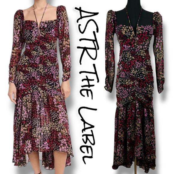 ASTR The Label Athena Midi Dress Floral Black Puff Sleeve Coquette Womens Sz XS - Picture 1 of 12